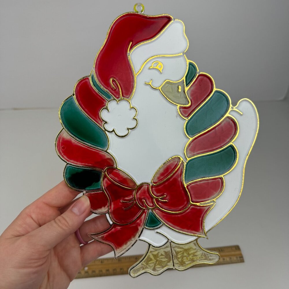 Vtg Plastic Suncatcher Stained Faux Glass Christmas‎ Goose Duck Giftco Holiday